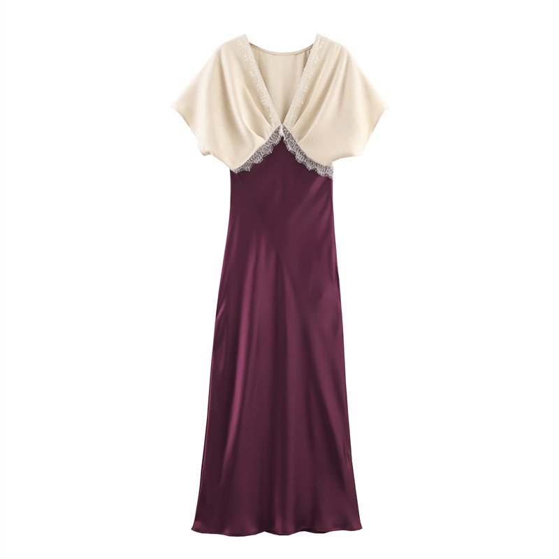 Elegant And Intellectual Contrasting Lace Satin Texture Dress - Image 2