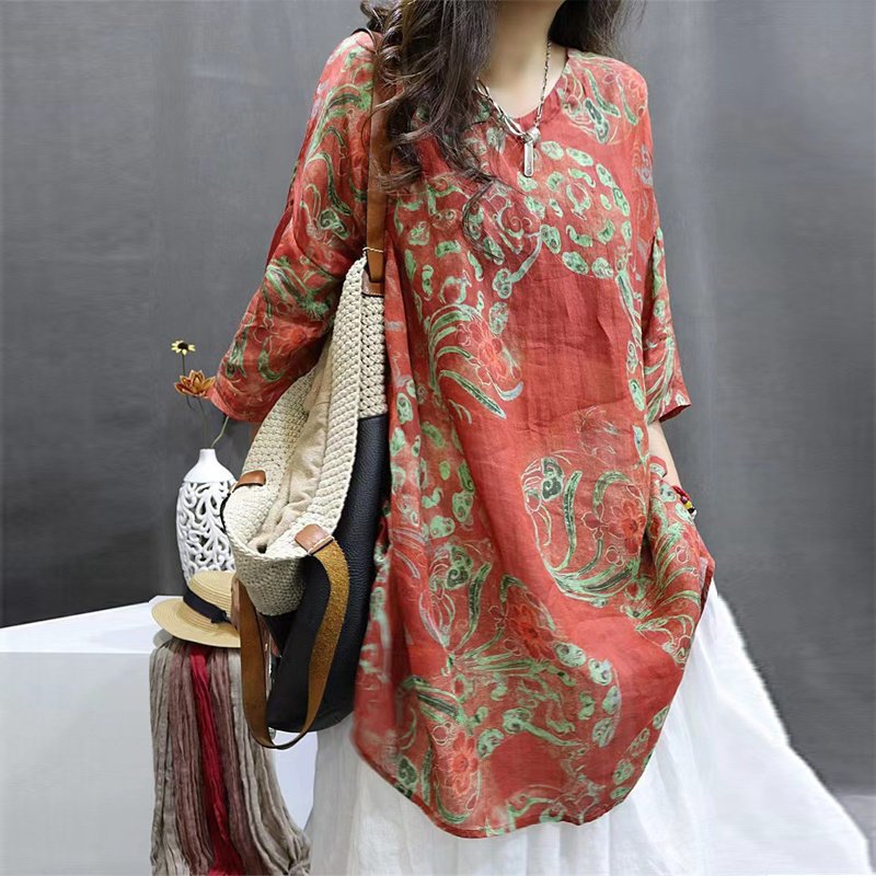Women's Soft Printed Mid-Sleeve Top Casual Round Neck Tunic For Spring And Summer - Image 4