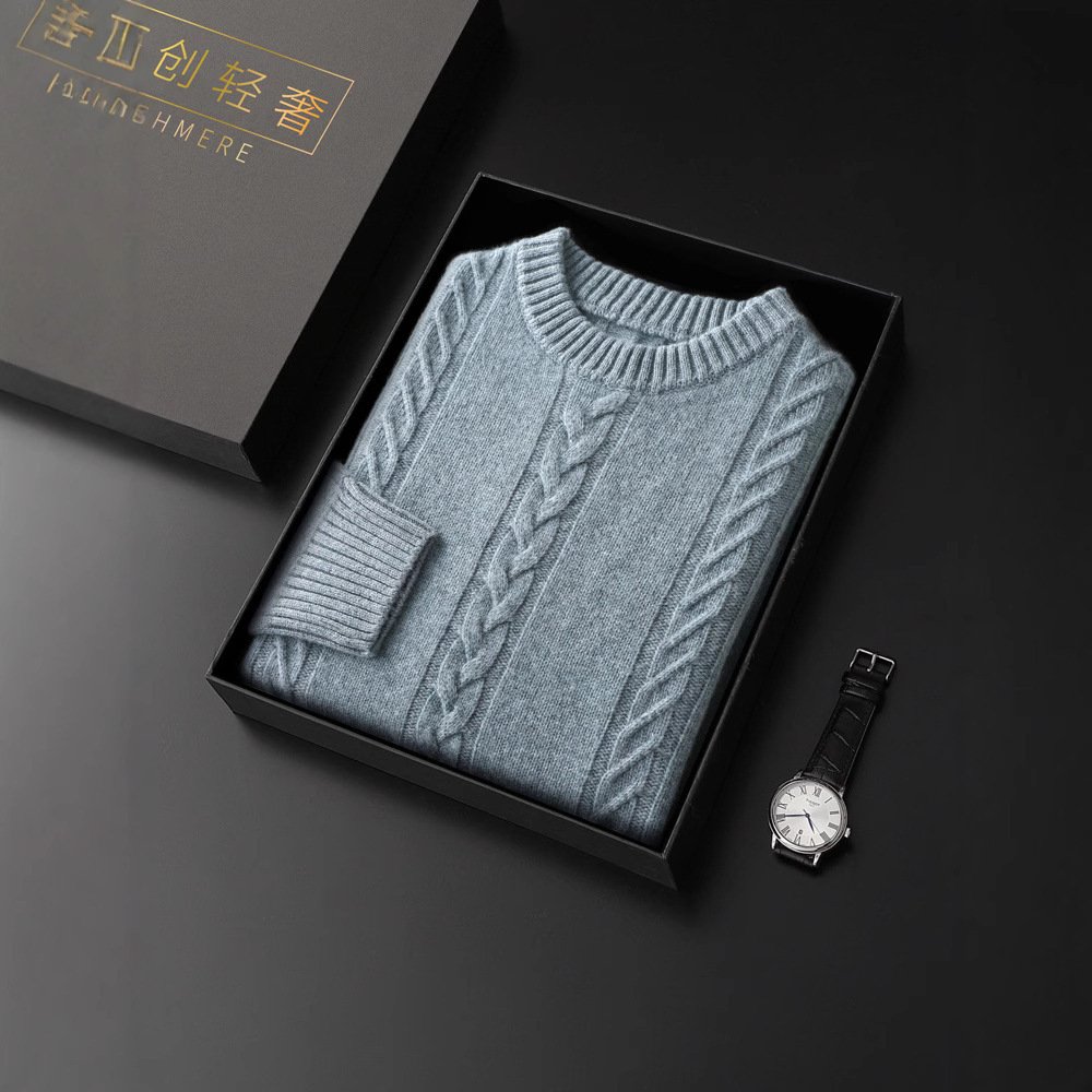 100 Pure Wool Sweater Men's Round Neck Thickened Warm Long Sleeves Sweater - Image 4