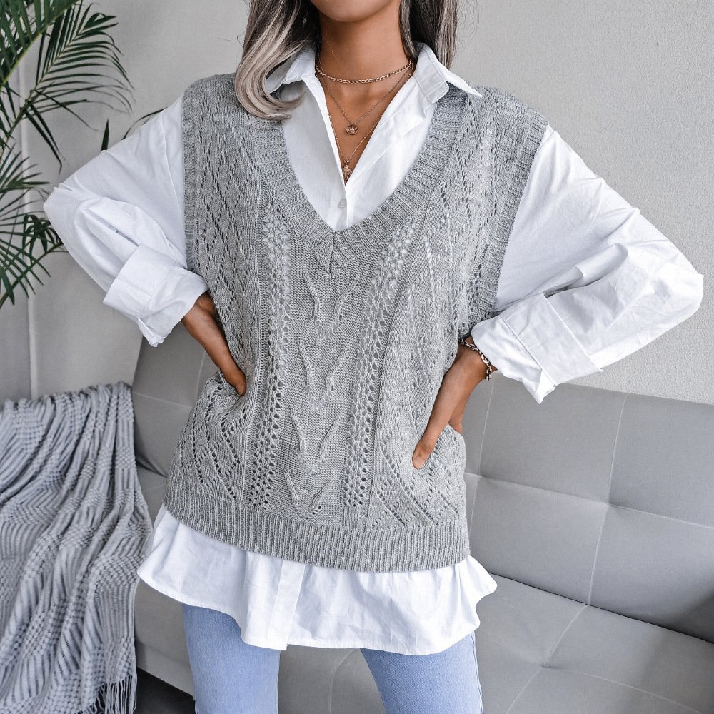 European And American Hollowed Out Twist V-neck Knitted Vest Sweater - Image 4