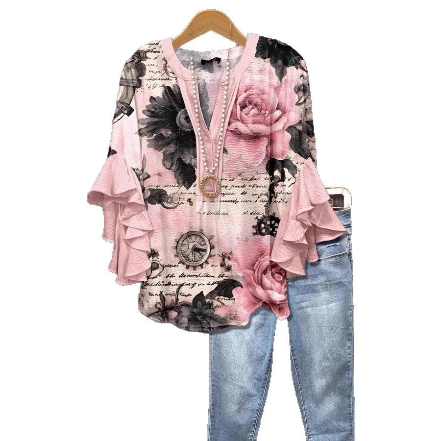 Floral Element Printing Digital Printing Casual Women's Top - Image 5