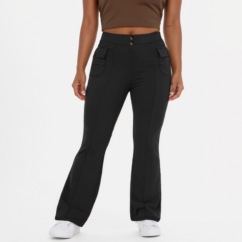 High Waist Button Side Flap Pocket Bell-bottom Pants - Image 5