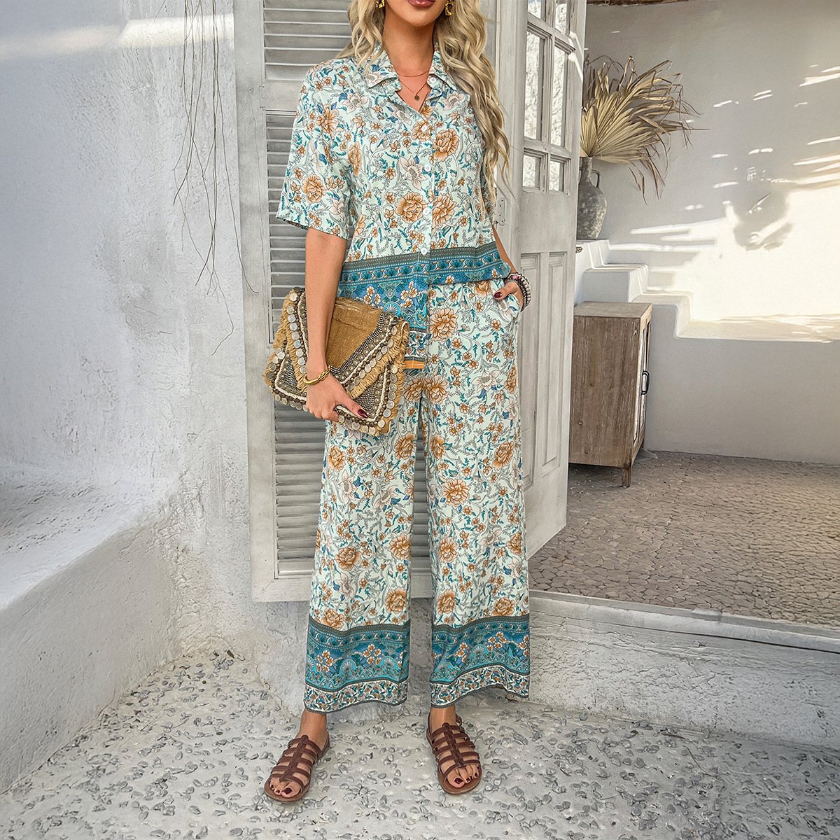 Contrast Color Bohemian Vacation Style Short Sleeve Long Pants - Image 3