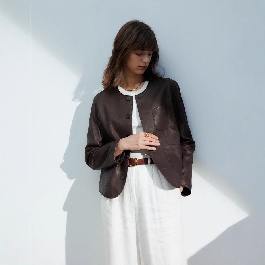 Casual Genuine Leather Clothes Women's Short Jacket Sheepskin Round Neck - Image 3