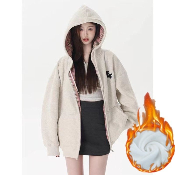 Patchwork Lining Checked Cloth Hooded Sweater Women's Long-sleeved Coat - Image 7