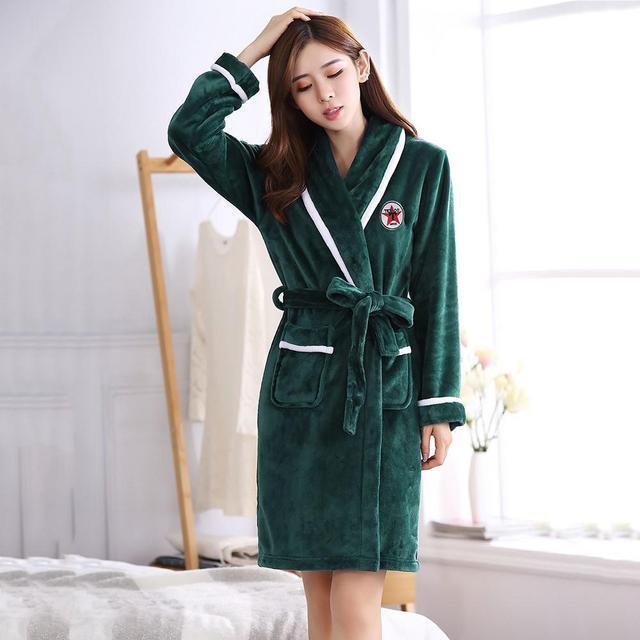 Winter Flannel Lovers Robe Gown Elegant Solid Casual Sleepwe - Image 6