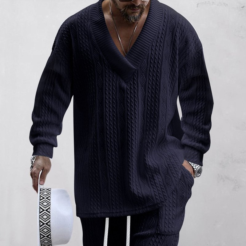 European And American Style Men's Clothing Jacquard Loose-fitting Knitted Solid Color Casual V-neck Long-sleeve Knitwear - Image 10