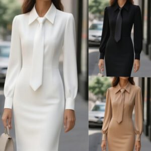Autumn Fashion Temperament Pure Color Waist Tie Long Sleeve Dress For Women