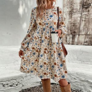 Women's Floral Print Boho Dress, Round Neck Smocked Cuff Sleeve Midi Dress With Patchwork Design For Spring And Fall