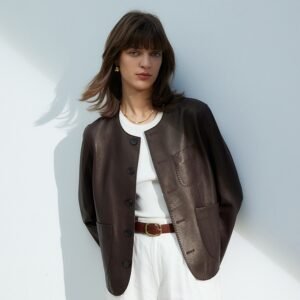 Casual Genuine Leather Clothes Women's Short Jacket Sheepskin Round Neck