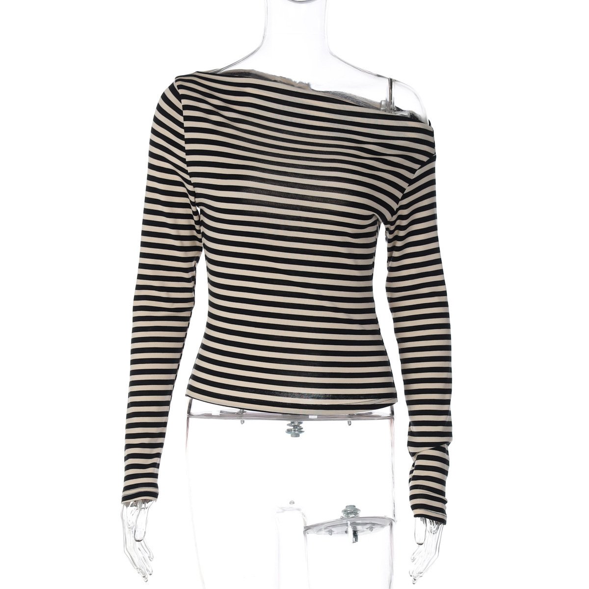 Contrast Color Striped Diagonal Collar Long Sleeve T-shirt - Image 6