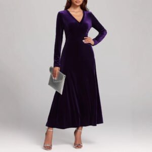 V-neck Long Sleeve Evening Dress Pleuche Dress
