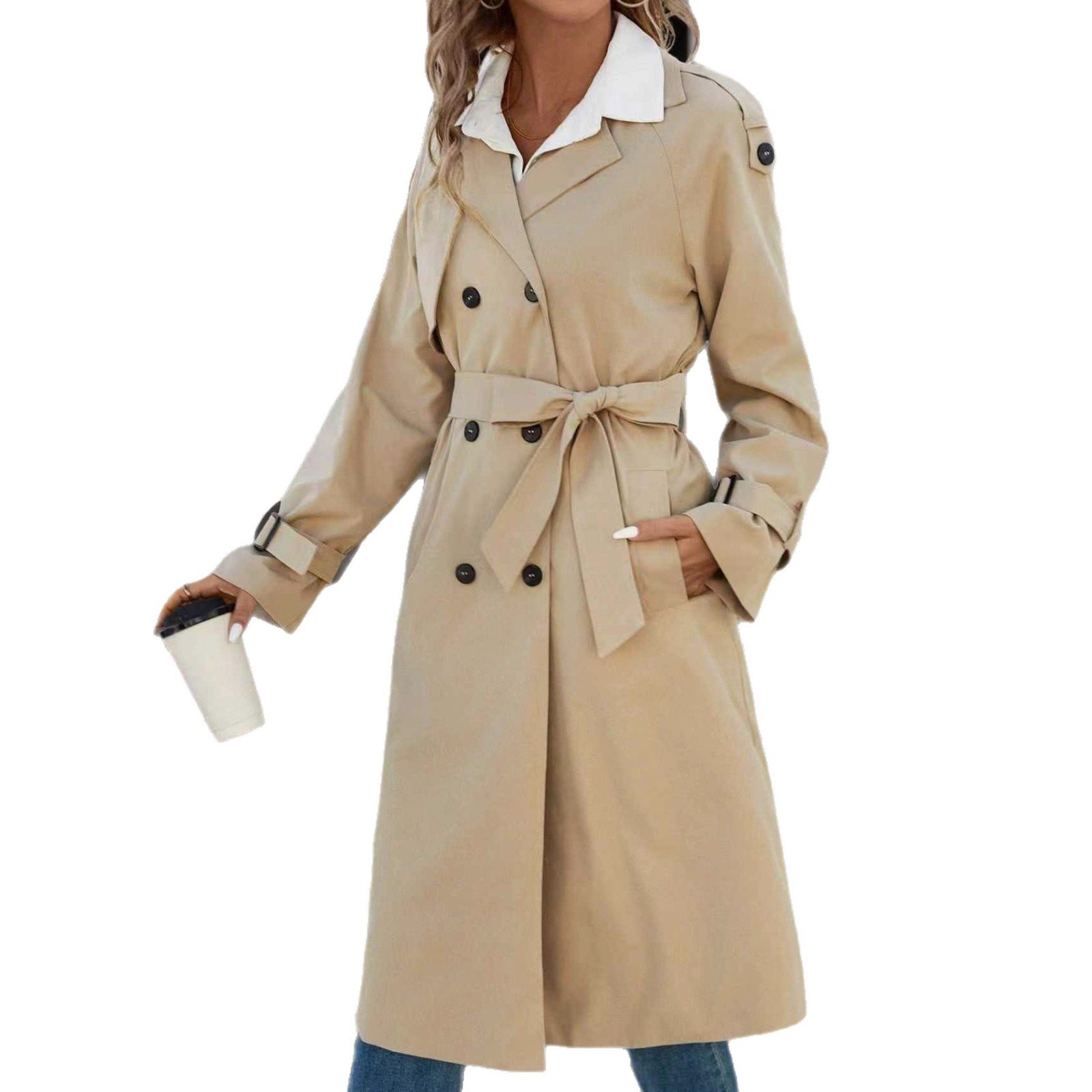 European And American Women's Clothing Double Breasted Belt Fleece Trench Coat Coat - Image 5