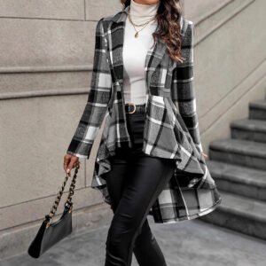 Plaid Pattern Button Front Jacket Long Sleeve High And Low Flared Jacket