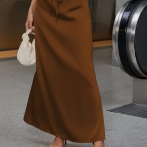 Satin Midi Skirt Elegant Lace-up Long Dress