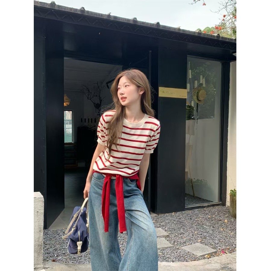 Women's Shawl Contrast Color Striped Short Sleeve Knitted - Image 4