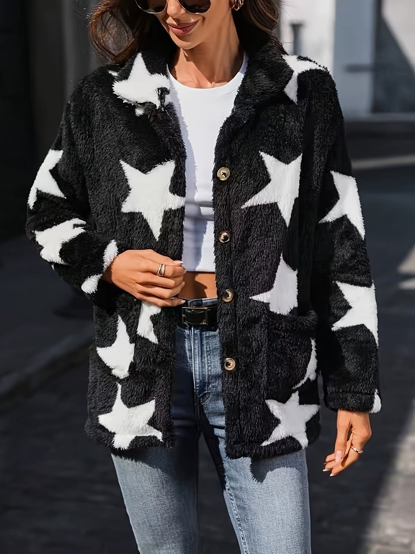 Women's Printed Double-sided Plush Casual Button Plush Coat - Image 3