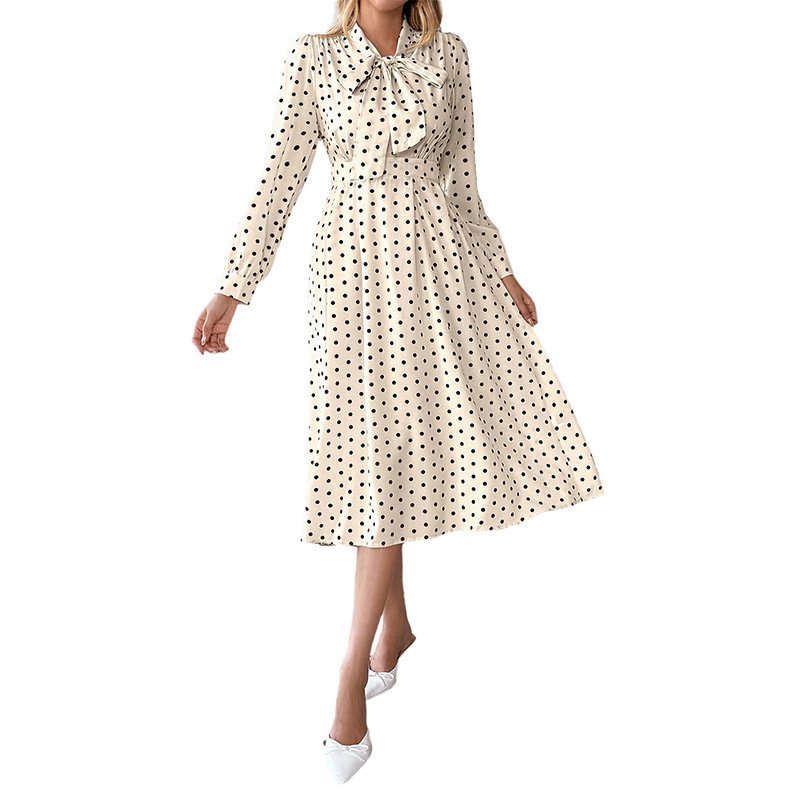 New Elegant Retro Style Bow Collar Long Sleeve Waist Dress - Image 5