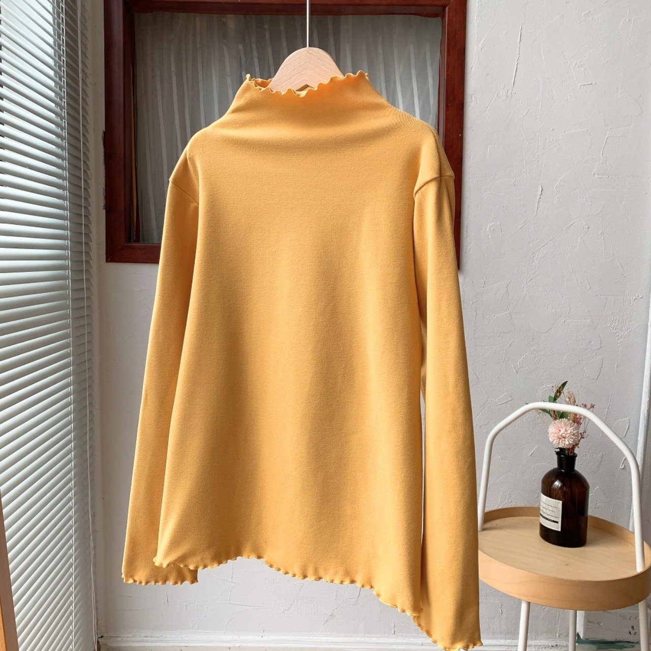 Women's Wooden Ear Half-high Collar Long Sleeves Solid Color Inner Wear Slim Top - Image 6