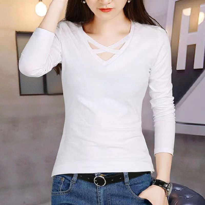Spring And Autumn Long Sleeve Slim Fit Plus Size V-neck Cross Bottoming Shirt Top For Women - Image 2