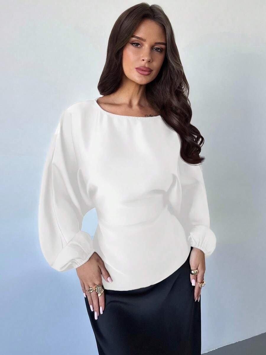 Casual Round Neck Lace-up Waist Shirt For Women - Image 6