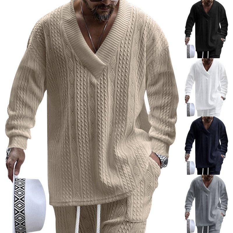 European And American Style Men's Clothing Jacquard Loose-fitting Knitted Solid Color Casual V-neck Long-sleeve Knitwear - Image 2