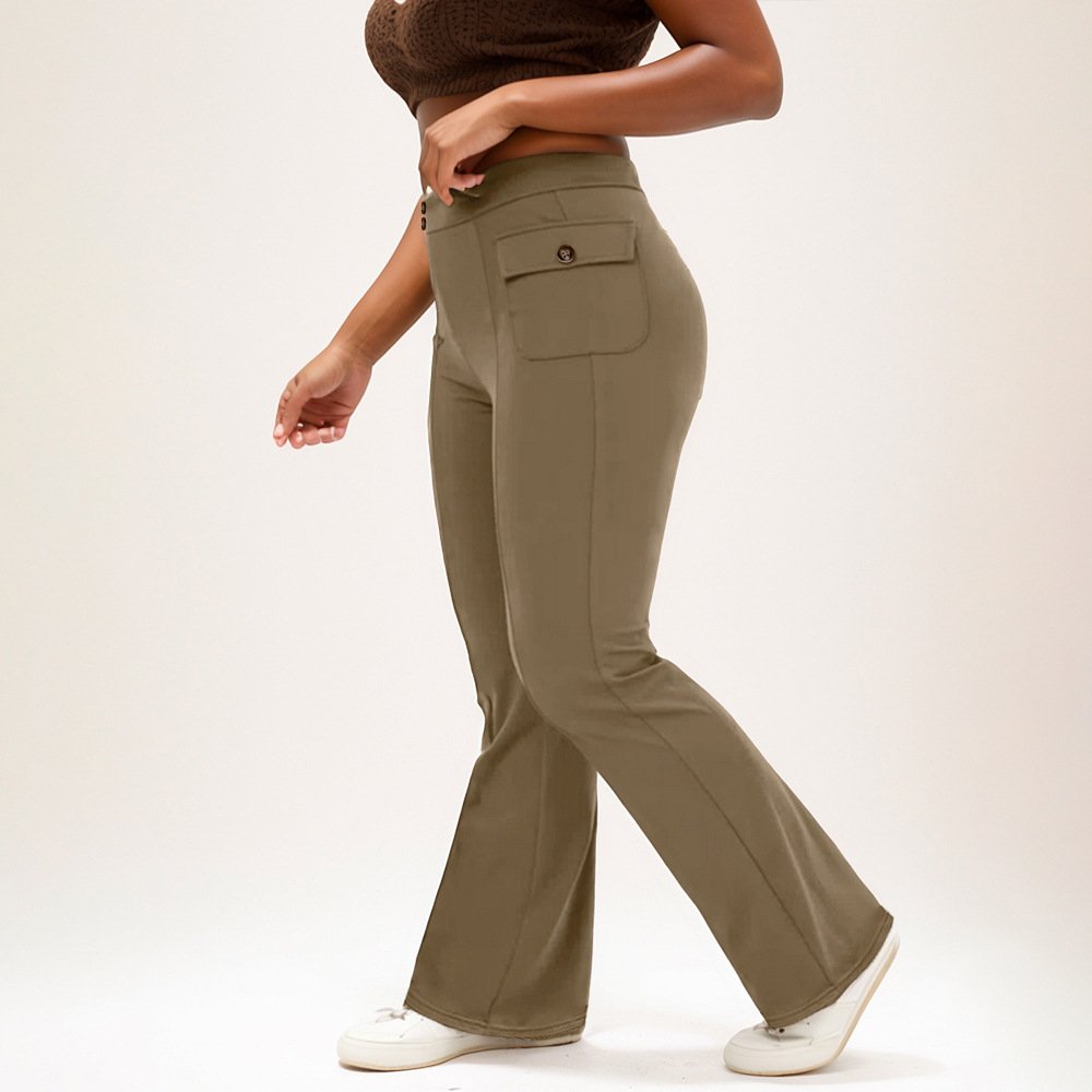 High Waist Button Side Flap Pocket Bell-bottom Pants - Image 4
