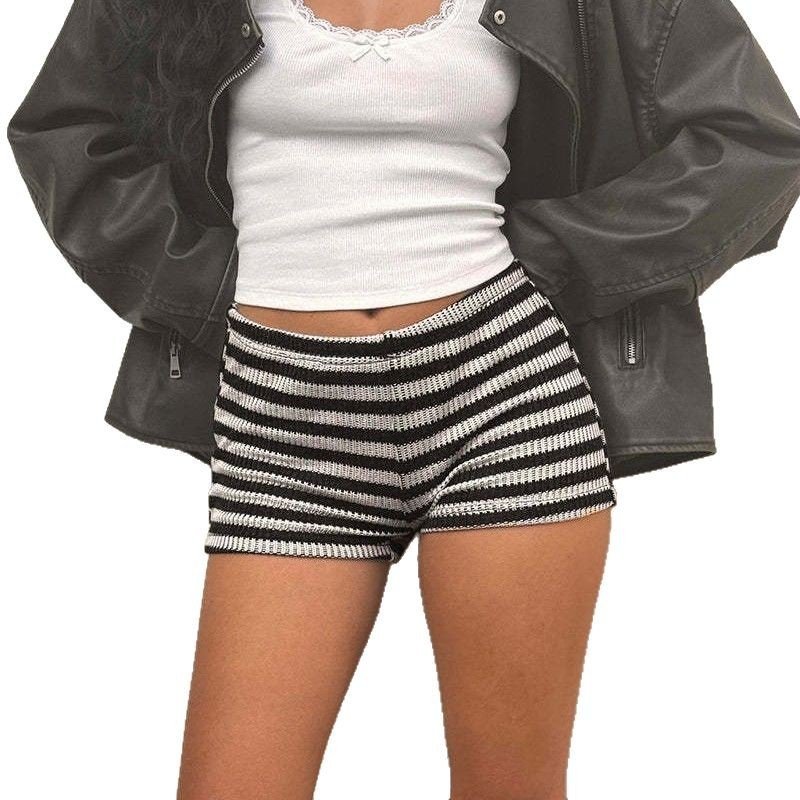 Knitted Black And White Striped Shorts For Women - Image 3
