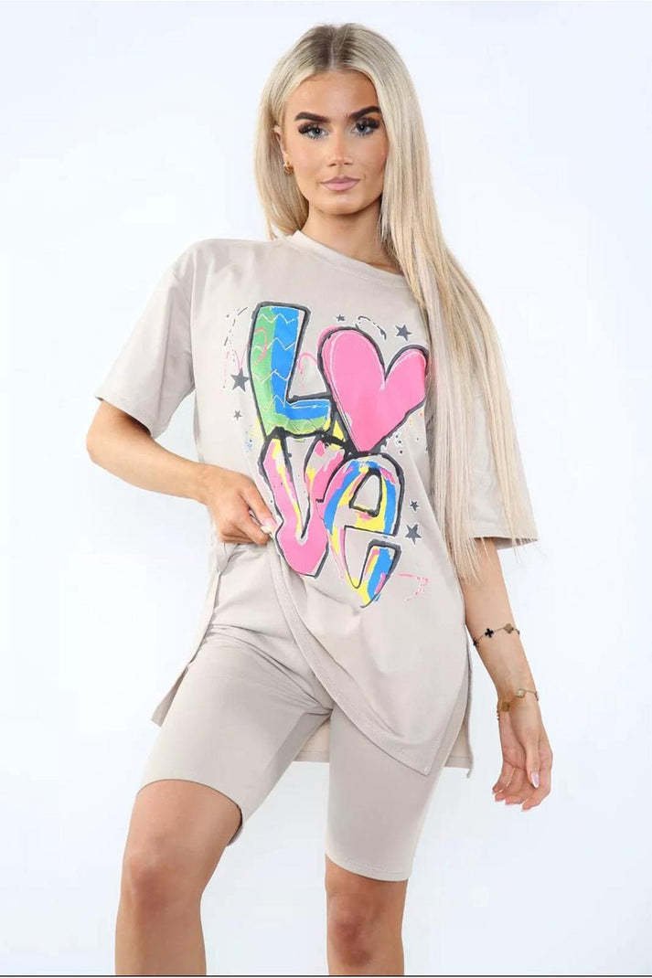 Love Side Slit Cycling Short And T-Shirts Co-Ord Two Piece Set With Front Love Slogan - Image 3