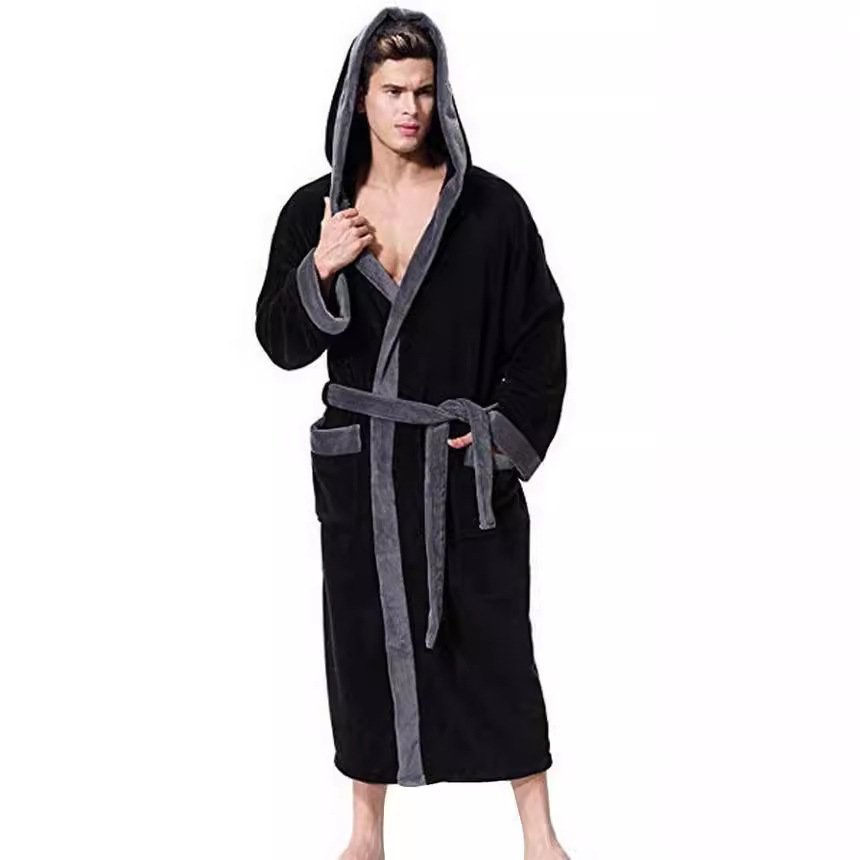 Men's Simple Colorblock Hood Patch Pocket Bathrobe - Image 4