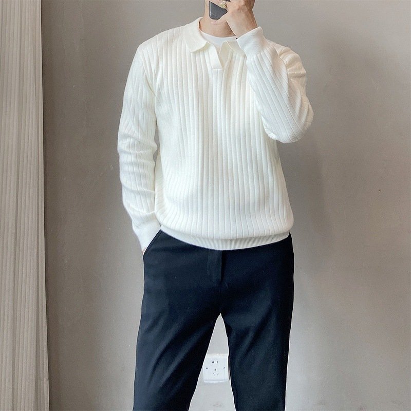 Lightly Mature Spring And Autumn Stripes Lapel Boys Texture Loose Elastic Knitted Sweater - Image 7