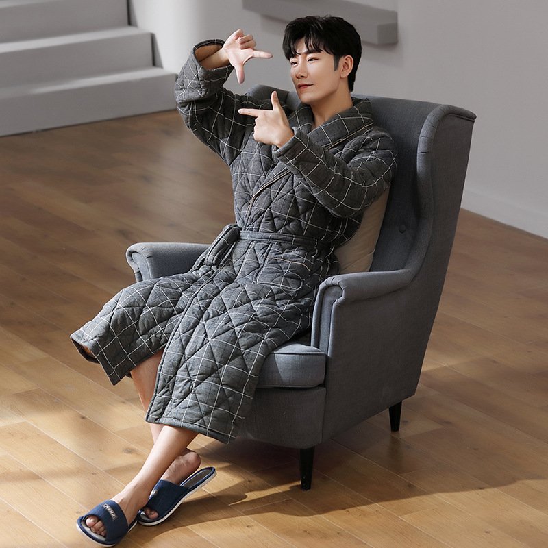 Pure Cotton Long Sleeved Autumn And Winter Thin Quilted Bathrobe Bathrobe - Image 9