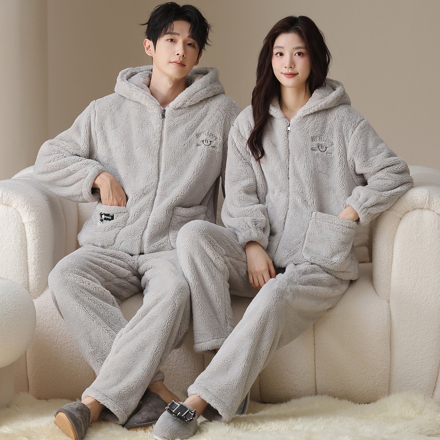 Plush Couple Pajamas Women's Winter Casual Zipper Hooded Outerwear Men's Homewear Suit - Image 2