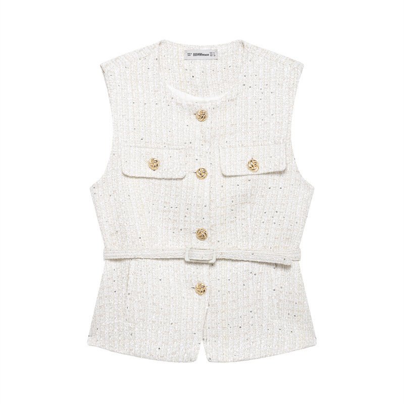 Spring New Casual Belt Vest Women's Clothing With Belt Texture Vest - Image 4