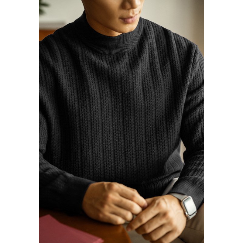 Half Turtleneck Bottoming Mid Collar Sunken Stripe Knitwear Sweater For Men - Image 6