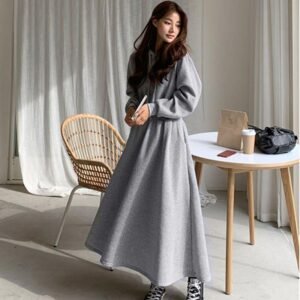Hooded Slim Waist Student Solid Color Long Dress