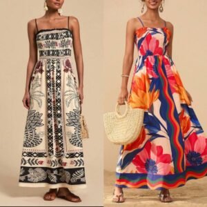 Printed Elegant Graceful Smocking Waist Slimming Sleeveless Dress Women