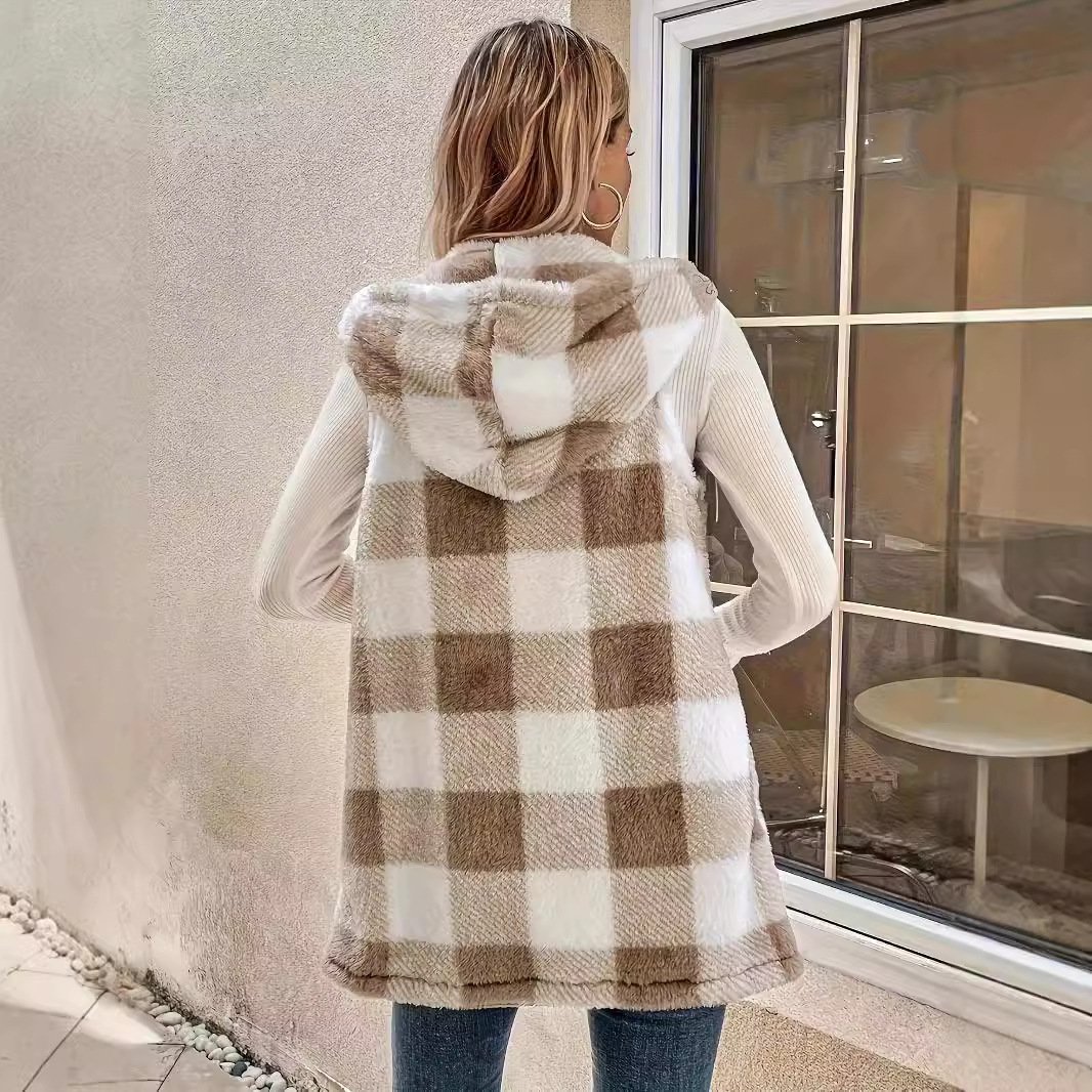 Fashion Elegant Cardigan Two-tone Plaid Hooded Women's Plush Vest Coat - Image 2