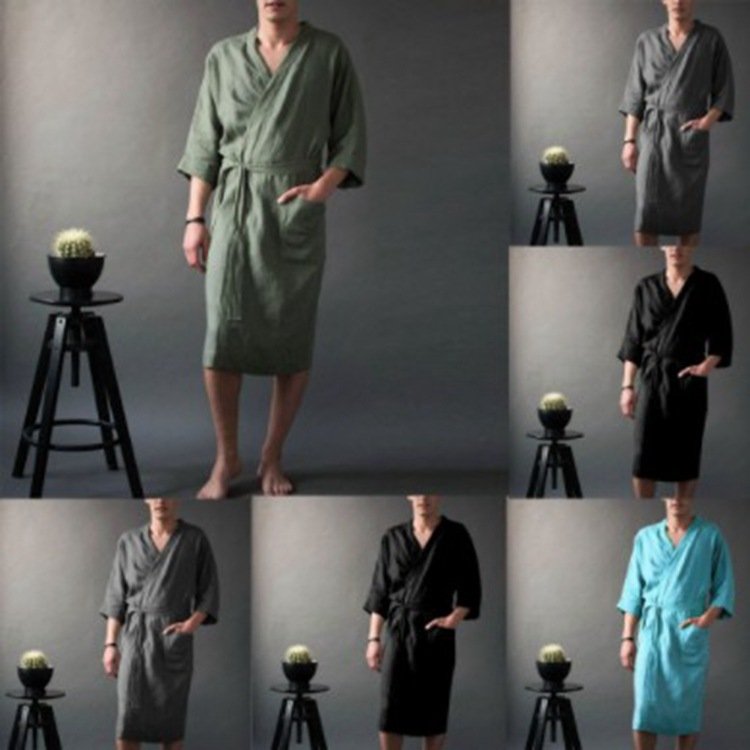 Men's And Women's Long Solid Color Linen Pajamas Robe Bathrobe - Image 2