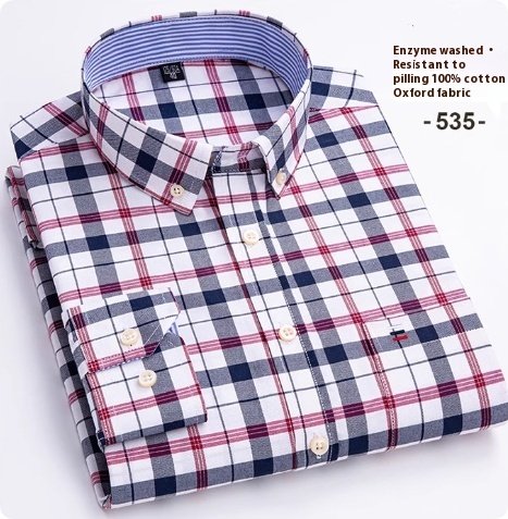 Men's Pure Cotton Oxford Plaid Long-sleeved Shirt - Image 2