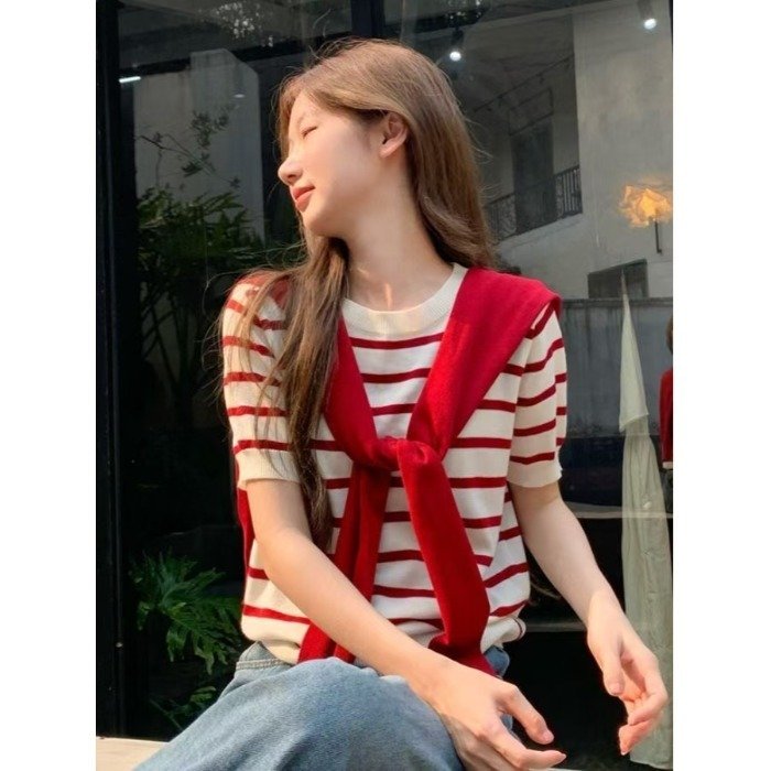 Women's Shawl Contrast Color Striped Short Sleeve Knitted - Image 2