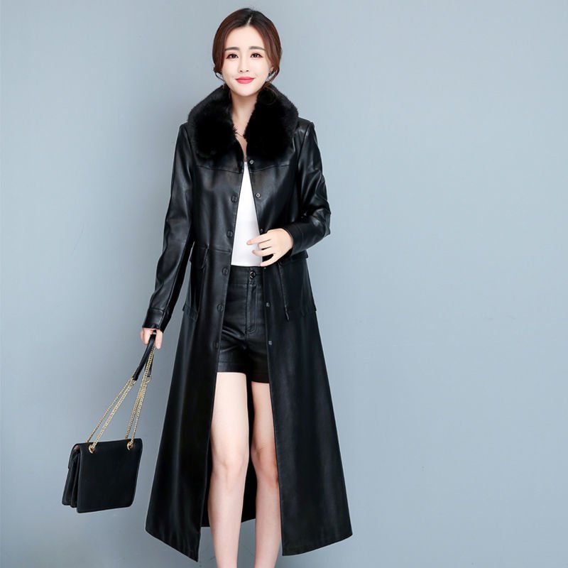 Ladies Fashion Thin Leather Trench Coat Coat - Image 6