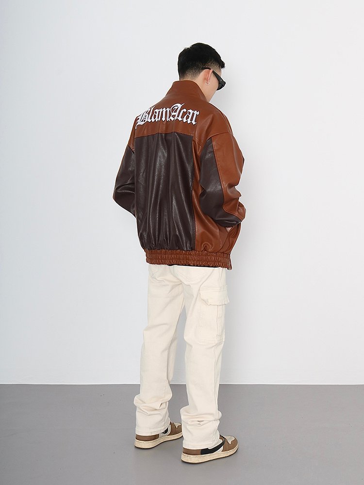 High Street Contrast Patchwork Embroidered Leather Jacket - Image 4