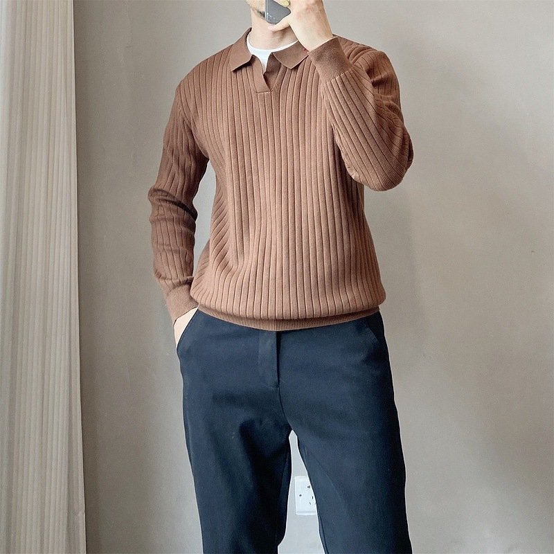 Lightly Mature Spring And Autumn Stripes Lapel Boys Texture Loose Elastic Knitted Sweater - Image 10
