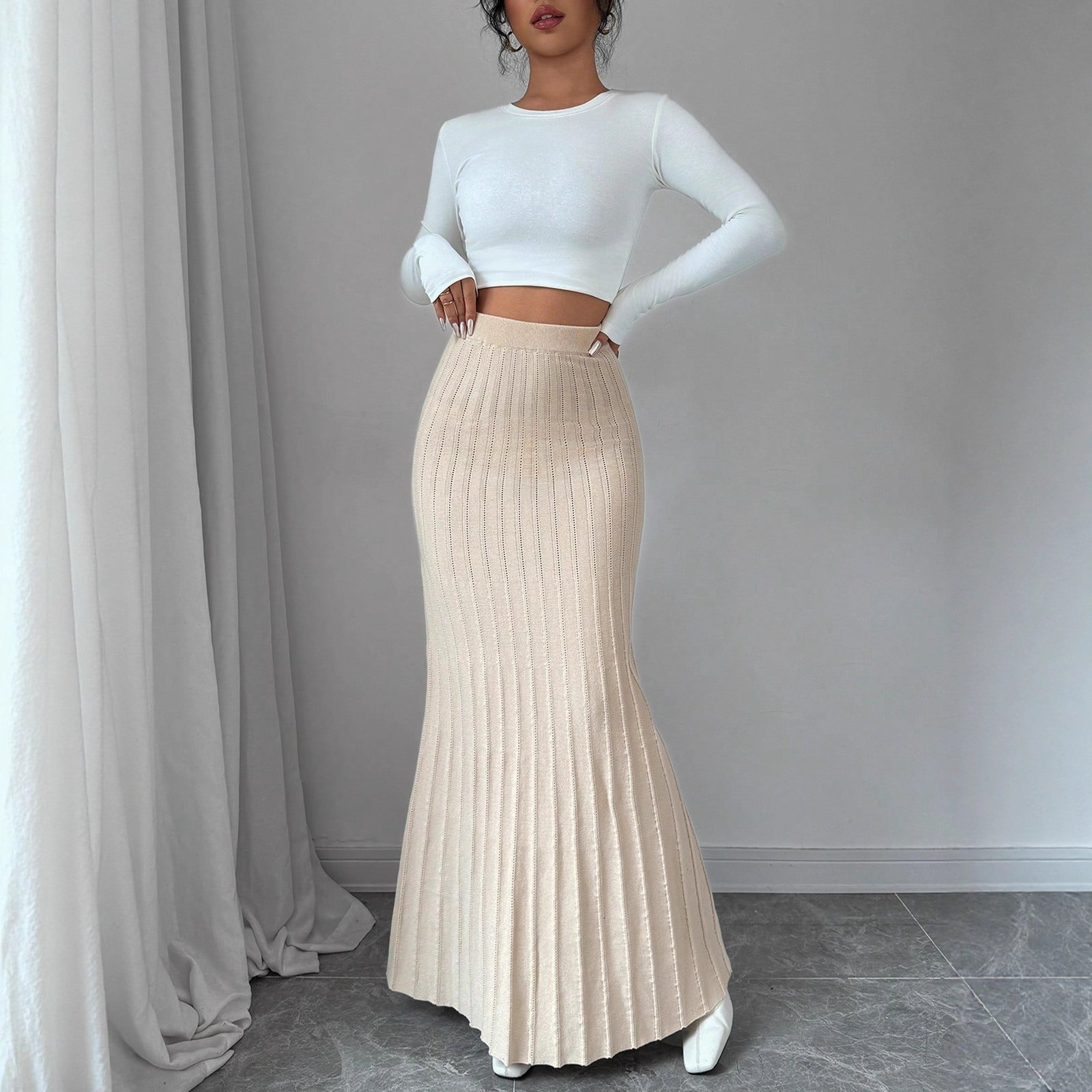 Women's Pleated Fishtail Skirt Apricot - Image 2