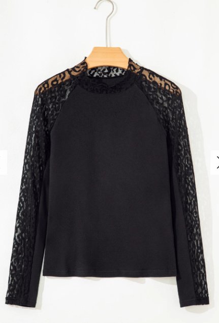 Black Leopard Print Mesh Stitching Knitted Long-sleeved Top - Image 3