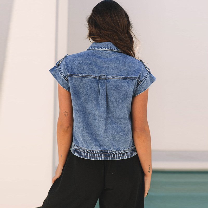 Denim Women's Single-breasted Lapel Short Sleeve Vest Coat - Image 5