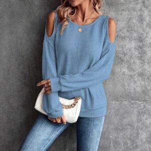 New Off-the-shoulder Back Buttoned Long Sleeve T-shirt Top Women's Clothing