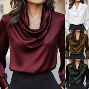 Women's Elegant Draped Neck Blouse, Solid Color Ruffle Detail Long Sleeve Shirt For Office And Formal Wear