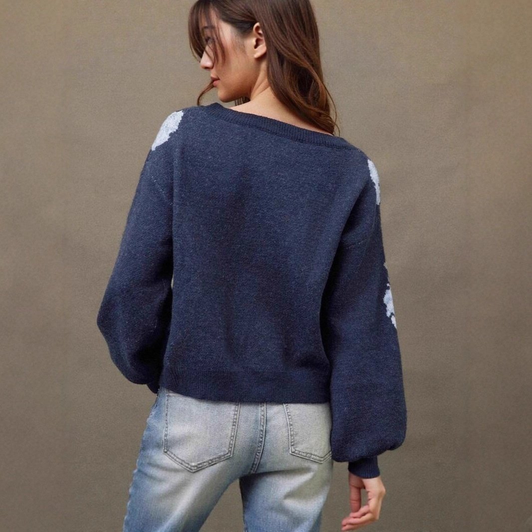 Off-neck Flower Jacquard Pullover Women's Loose Casual - Image 4